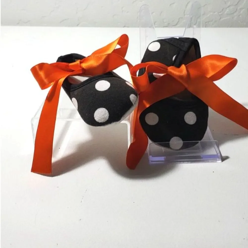Halloween Costume Baby Shoes Black and White Polka Dot with Orange Ribbon